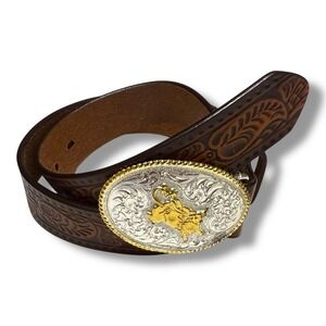 3D Belt Brown Tooled Genuine Leather Western Bull Rider Trophy Buckle Boys 29"